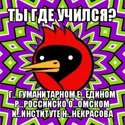 ты где учился? г... гуманитарном е...едином р...российско о...омском и...институте н...некрасова, Мем Омская птица