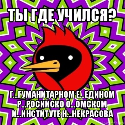 ты где учился? г...гуманитарном е...едином р...росийско о...омском и...институте н...некрасова, Мем Омская птица