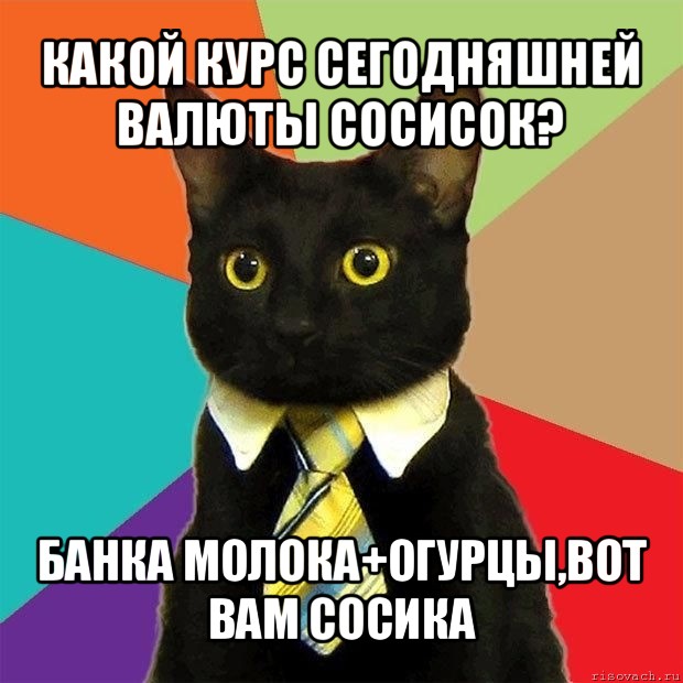 какой курс сегодняшней валюты сосисок? банка молока+огурцы,вот вам сосика, Мем  Кошечка