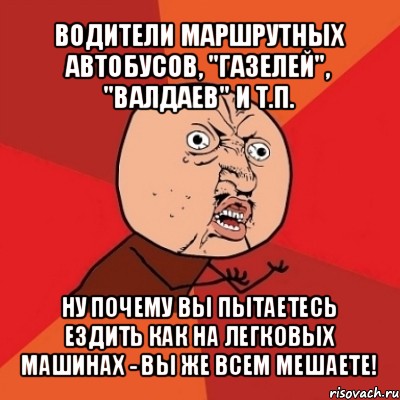 водители маршрутных автобусов, "газелей", "валдаев" и т.п. ну почему вы пытаетесь ездить как на легковых машинах - вы же всем мешаете!, Мем Почему