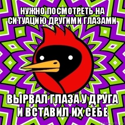 нужно посмотреть на ситуацию другими глазами вырвал глаза у друга и вставил их себе, Мем Омская птица