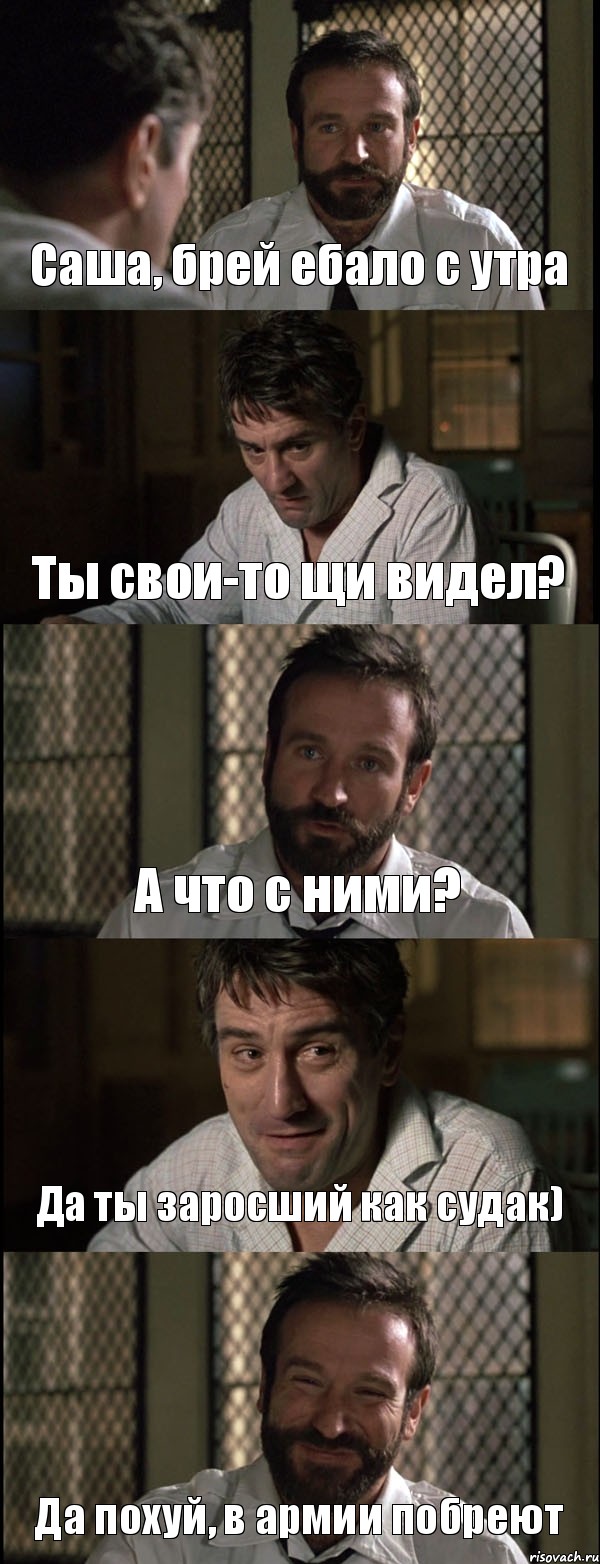 Саша, брей ебало с утра Ты свои-то щи видел? А что с ними? Да ты заросший как судак) Да похуй, в армии побреют, Комикс Пробуждение