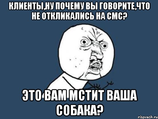 клиенты,ну почему вы говорите,что не откликались на смс? это вам мстит ваша собака?, Мем Ну почему