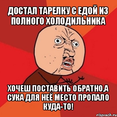 достал тарелку с едой из полного холодильника хочеш поставить обратно,а сука для неё место пропало куда-то!, Мем Почему