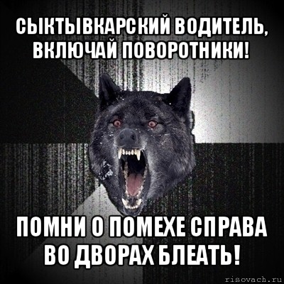 сыктывкарский водитель, включай поворотники! помни о помехе справа во дворах блеать!, Мем Сумасшедший волк