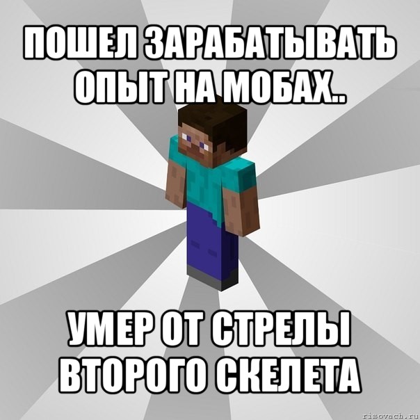 пошел зарабатывать опыт на мобах.. умер от стрелы второго скелета, Мем Типичный игрок Minecraft