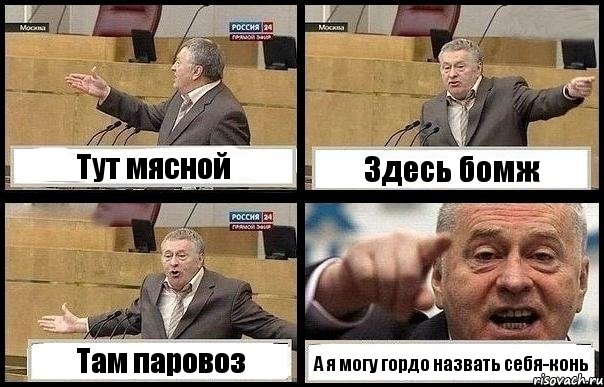 Тут мясной Здесь бомж Там паровоз А я могу гордо назвать себя-конь, Комикс с Жириновским