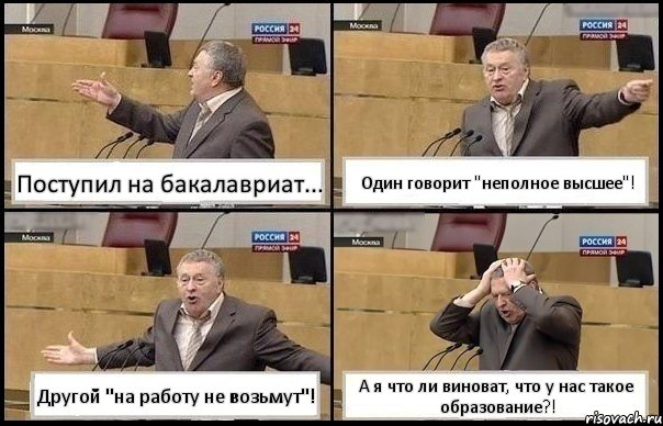 Поступил на бакалавриат... Один говорит "неполное высшее"! Другой "на работу не возьмут"! А я что ли виноват, что у нас такое образование?!, Комикс Жирик в шоке хватается за голову