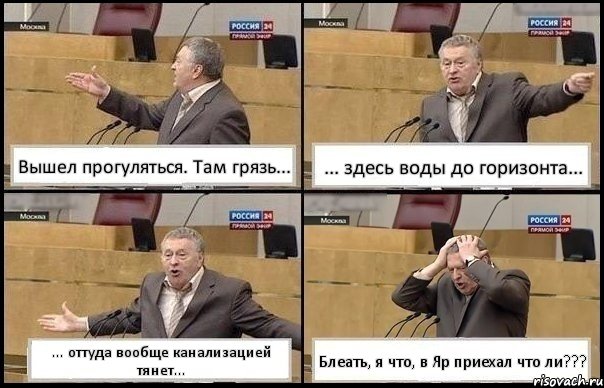 Вышел прогуляться. Там грязь... ... здесь воды до горизонта... ... оттуда вообще канализацией тянет... Блеать, я что, в Яр приехал что ли???, Комикс Жирик в шоке хватается за голову