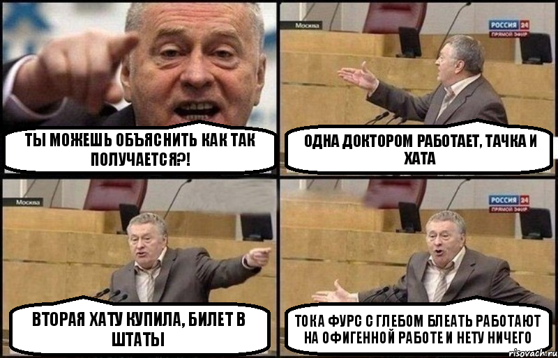 ты можешь объяснить как так получается?! одна доктором работает, тачка и хата вторая хату купила, билет в штаты тока фурс с глебом блеать работают на офигенной работе и нету ничего, Комикс Жириновский