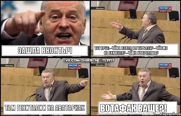 зашла вконтыч тут орут: - чё не взяла на турбазу? - чё смс не скинула? - чё не отвечаешь? там гениталии на аватарках вотафак ваще?!, Комикс Жириновский