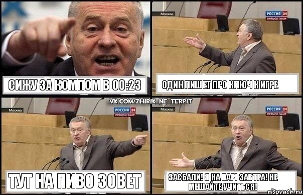 сижу за компом в 00:23 Один пишет про ключ к игре тут на пиво зовет Заєбали! Я на парі завтра! Не мешайте учиться!, Комикс Жириновский