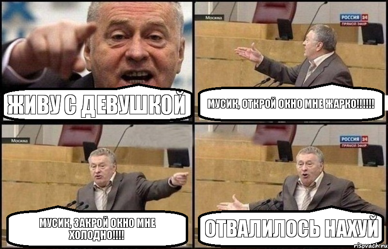 Живу с девушкой Мусик, открой окно мне ЖАРКО!!! Мусик, закрой окно мне ХОЛОДНО!!! Отвалилось нахуй, Комикс Жириновский