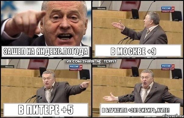 Зашел на Яндекс.Погода В Москве +9 В Питере +5 В Барнауле +20! Сибирь, хуле!, Комикс Жириновский