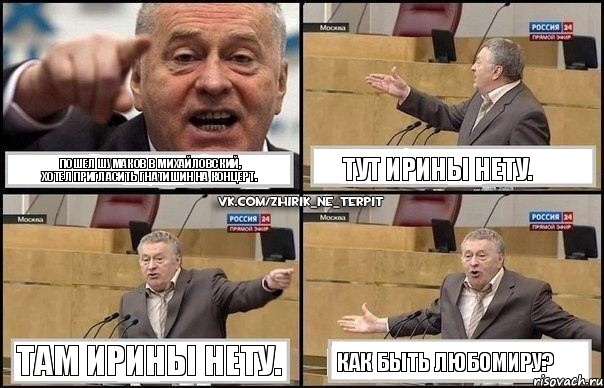 Пошел Шумаков в Михайловский,
хотел пригласить Гнатишин на концерт. Тут Ирины нету. Там Ирины нету. Как быть Любомиру?, Комикс Жириновский