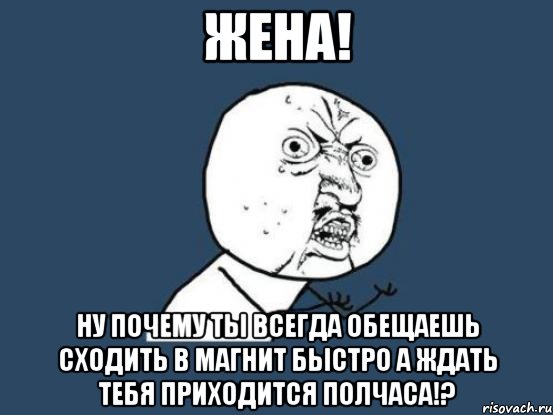 жена! ну почему ты всегда обещаешь сходить в магнит быстро а ждать тебя приходится полчаса!?, Мем Ну почему