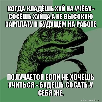 когда кладёшь хуй на учёбу - сосёшь хуйца а не высокую зарплату в будущем на работе получается если не хочешь учиться - будешь сосать у себя же., Мем Филосораптор