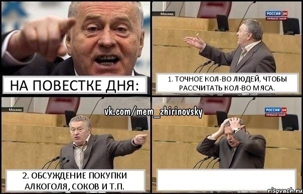 На повестке дня: 1. Точное кол-во людей, чтобы рассчитать кол-во мяса. 2. Обсуждение покупки алкоголя, соков и т.п. , Комикс Жирик