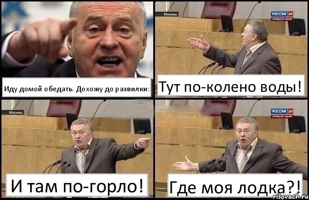 Иду домой обедать. Дохожу до развилки: Тут по-колено воды! И там по-горло! Где моя лодка?!, Комикс Жириновский