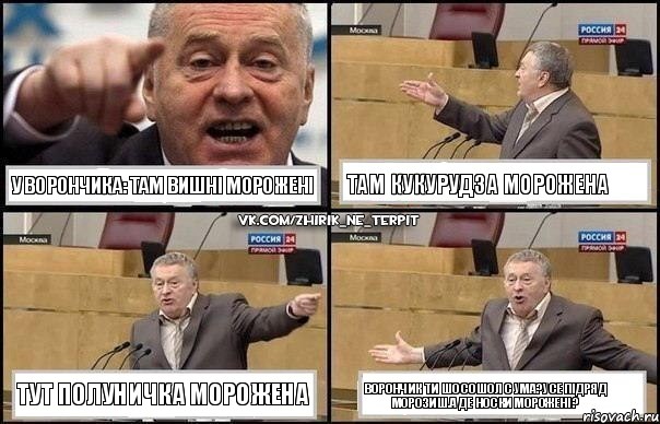 У Ворончика: там вишні морожені там кукурудза морожена тут полуничка морожена Ворончик ти шо сошол с ума?Усе підряд морозиш.А де носки морожені?, Комикс Жириновский