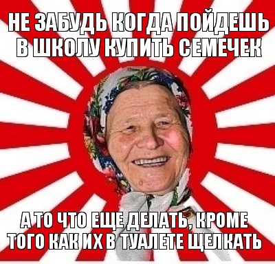 не забудь когда пойдешь в школу купить семечек а то что еще делать, кроме того как их в туалете щелкать, Мем  бабуля