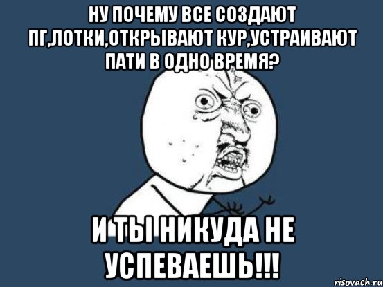 ну почему все создают пг,лотки,открывают кур,устраивают пати в одно время? и ты никуда не успеваешь!!!, Мем Ну почему