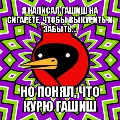 я написал гашиш на сигарете, чтобы выкурить и забыть... но понял, что курю гашиш, Мем Омская птица