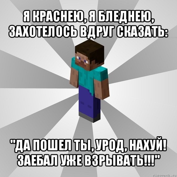 я краснею, я бледнею, захотелось вдруг сказать: "да пошел ты, урод, нахуй! заебал уже взрывать!!!", Мем Типичный игрок Minecraft