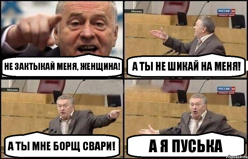 Не зактыкай меня, женщина! А ты не шикай на меня! А ты мне борщ свари! А я пуська, Комикс Жириновский