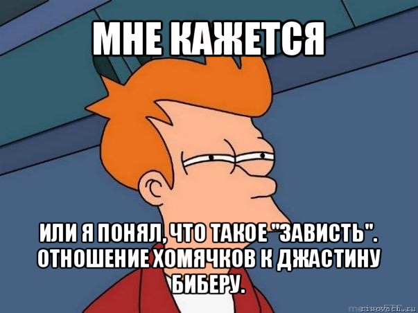 мне кажется или я понял, что такое "зависть". отношение хомячков к джастину биберу., Мем  Фрай (мне кажется или)