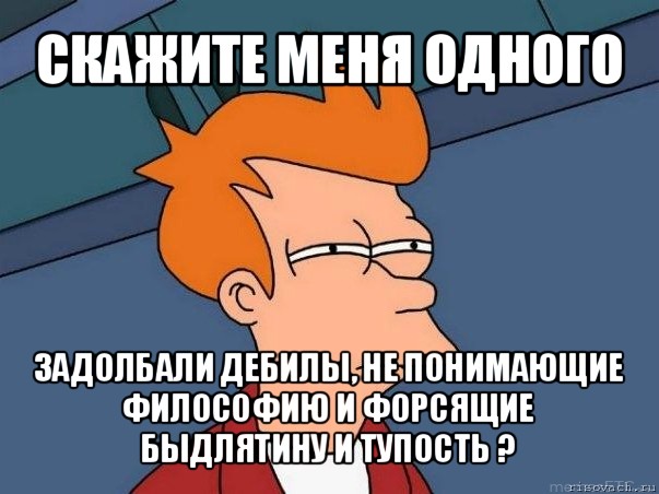 скажите меня одного задолбали дебилы, не понимающие философию и форсящие быдлятину и тупость ?