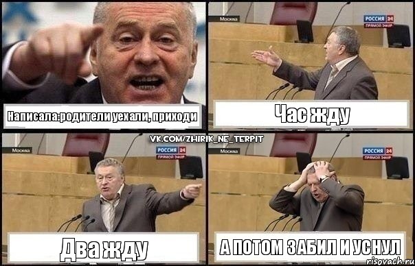 Написала:родители уехали, приходи Час жду Два жду А потом забил и уснул, Комикс Жирик в шоке хватается за голову