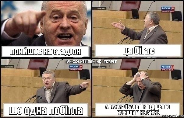 прийшов на стадіон ця бігає ше одна побігла а нахуя? їбальнік від цього гарнішим не стане, Комикс Жирик в шоке хватается за голову