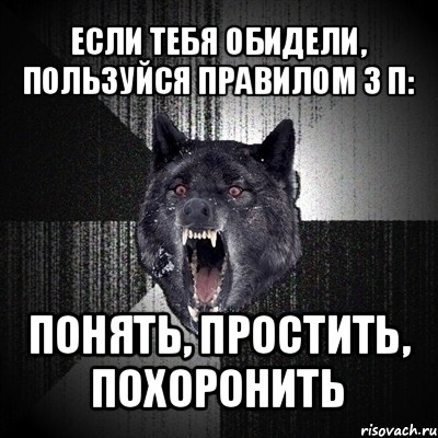 если тебя обидели, пользуйся правилом 3 п: понять, простить, похоронить, Мем Сумасшедший волк