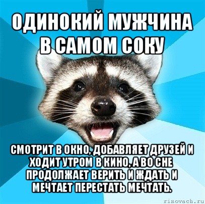 одинокий мужчина в самом соку смотрит в окно, добавляет друзей и ходит утром в кино, а во сне продолжает верить и ждать и мечтает перестать мечтать., Мем Енот-Каламбурист