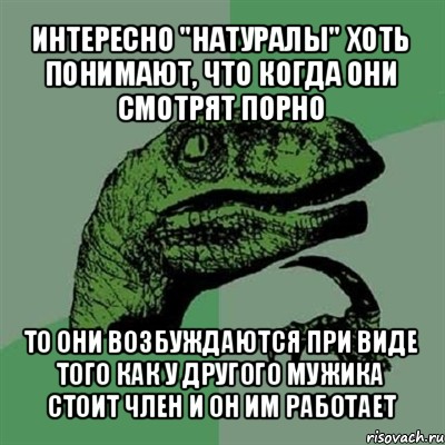 интересно "натуралы" хоть понимают, что когда они смотрят порно то они возбуждаются при виде того как у другого мужика стоит член и он им работает, Мем Филосораптор