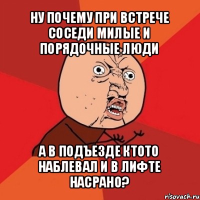 ну почему при встрече соседи милые и порядочные люди а в подъезде ктото наблевал и в лифте насрано?, Мем Почему