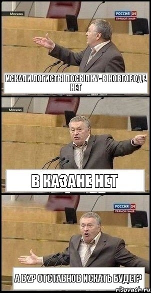 Искали логисты посылку -в Новгороде нет в Казане нет а в ZP Отставнов искать будет?, Комикс Жириновский разводит руками 3