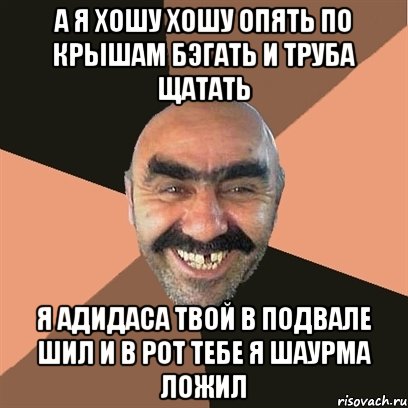 а я хошу хошу опять по крышам бэгать и труба щатать я адидаса твой в подвале шил и в рот тебе я шаурма ложил, Мем Я твой дом труба шатал