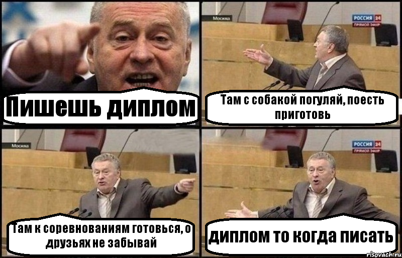 Пишешь диплом Там с собакой погуляй, поесть приготовь Там к соревнованиям готовься, о друзьях не забывай диплом то когда писать, Комикс Жириновский