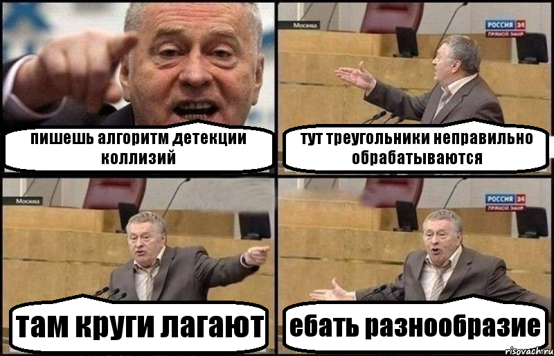 пишешь алгоритм детекции коллизий тут треугольники неправильно обрабатываются там круги лагают ебать разнообразие, Комикс Жириновский