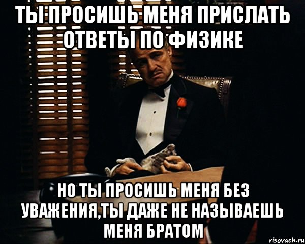 ты просишь меня прислать ответы по физике но ты просишь меня без уважения,ты даже не называешь меня братом, Мем Дон Вито Корлеоне