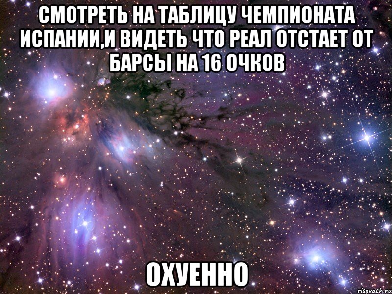 смотреть на таблицу чемпионата испании,и видеть что реал отстает от барсы на 16 очков охуенно, Мем Космос