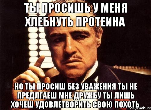 ты просишь у меня хлебнуть протеина но ты просиш без уважения ты не предлгаеш мне дружбу ты лишь хочеш удовлетворить свою похоть, Мем крестный отец