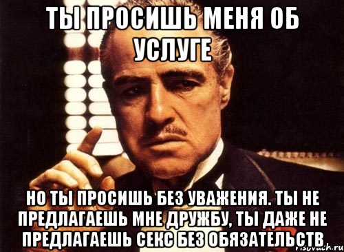 ты просишь меня об услуге но ты просишь без уважения. ты не предлагаешь мне дружбу, ты даже не предлагаешь секс без обязательств, Мем крестный отец