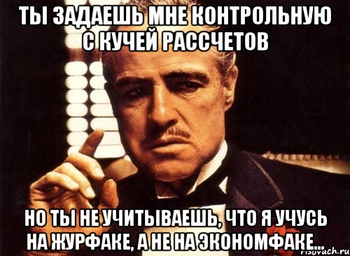 ты задаешь мне контрольную с кучей рассчетов но ты не учитываешь, что я учусь на журфаке, а не на экономфаке..., Мем крестный отец