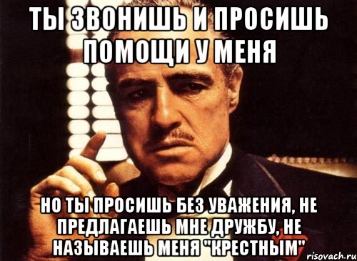 ты звонишь и просишь помощи у меня но ты просишь без уважения, не предлагаешь мне дружбу, не называешь меня "крестным", Мем крестный отец