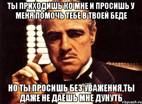 ты приходишь ко мне и просишь у меня помочь тебе в твоей беде но ты просишь без уважения,ты даже не даёшь мне дунуть, Мем крестный отец