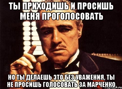 ты приходишь и просишь меня проголосовать но ты делаешь это без уважения, ты не просишь голосовать за марченко, Мем крестный отец