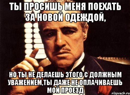 ты просишь меня поехать за новой одеждой, но ты не делаешь этого с должным уважением,ты даже не оплачиваешь мой проезд, Мем крестный отец